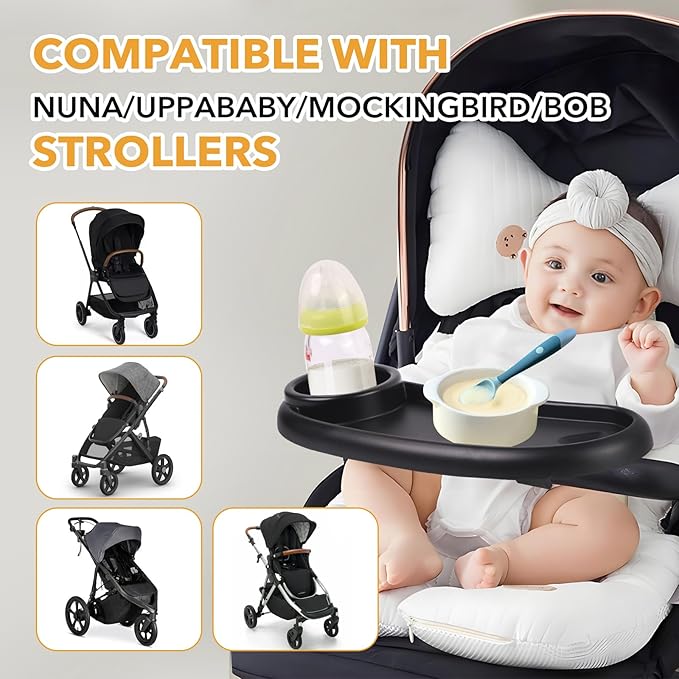 Snack Tray Compatible with Mockingbird,Nuna,Evenflo Stroller,Adjustable Stroller Snack Tray with Cup Holder and Phone Holder, Stroller Accessories Black
