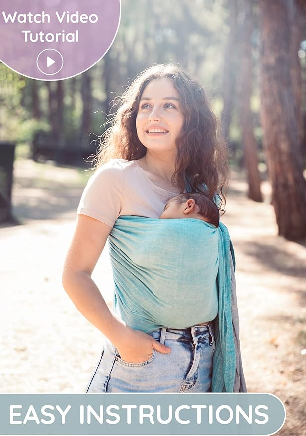 Baby Sling Carrier – Breathable 100% Cotton Wrap for Infant Support, Ring Sling Baby Carrier – Grey Turquoise Adjustable Muslin Fabric – Soft Chest Hold for Travel