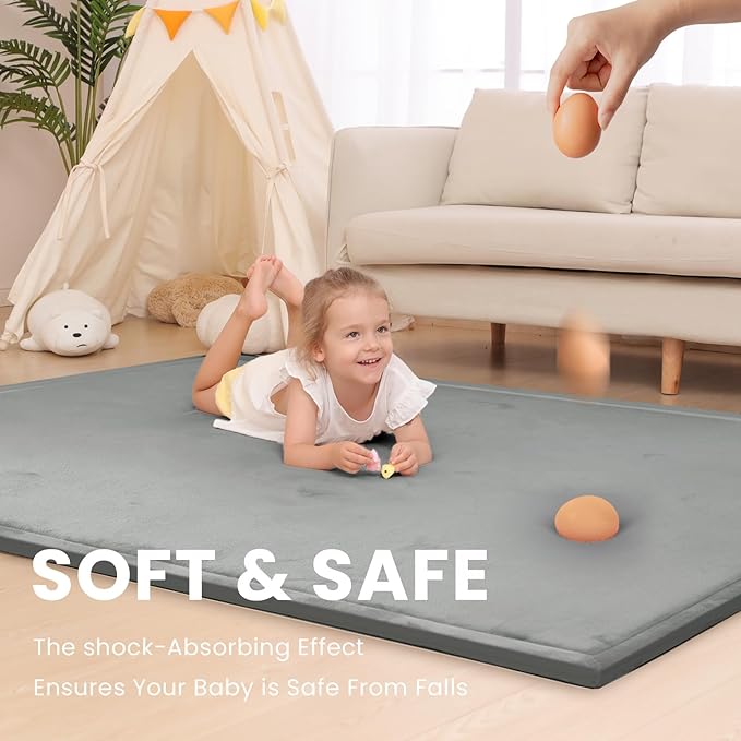 Baby Play Mat for Floor,1.3" Thick Elasti-Foam 74×50 Playpen Mat for Toddlers Infant kids,Water-Repellent Soft Coral Velvet for Tummy Time, Non-Slip Backing for Crawling,Tatami Style(Dark Grey)