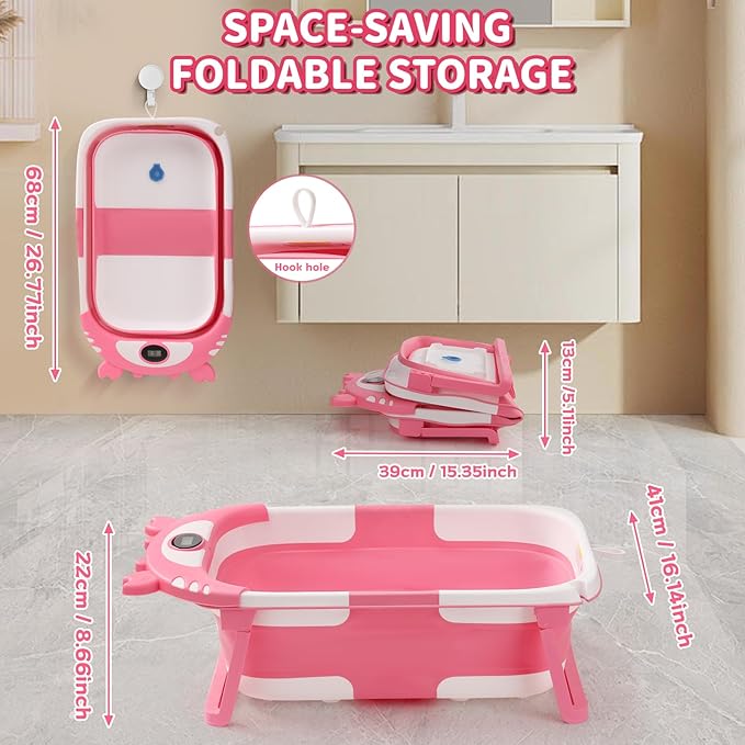 Baby Bathtub,Collapsible Baby Bath Tub with Thermometer & Soft Floating Cushion,Portable Travel Baby Bathtubs for Newborns to Toddlers 0-36 Months(Crab Gray)