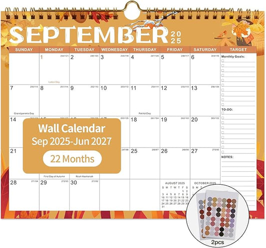 Calendar 2025-2027 22 Monthly Wall Calendar Runs from September 2025 until June 2027 Spiral Binding Hanging 11.5" x 14.7" Thick Paper with Julian Dates and Block for School Office（Festive)