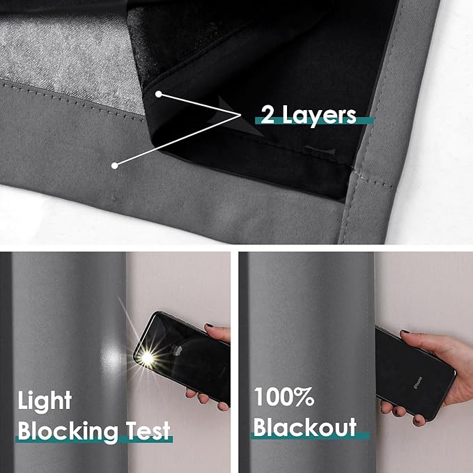 ChrisDowa 100% Blackout Curtains 90 inch Long for Bedroom with Black Liner, 2 Thick Layers Total Blackout Thermal Insulated Grommet Long Window Curtains 2 Panels Set (Grey, 52 x 90 Inch)