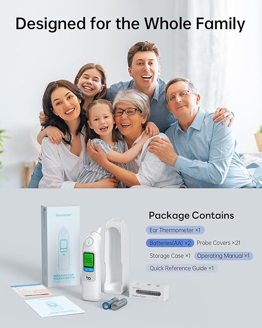 femometer Infrared Ear Thermometer for Adults & Kids, Highly Accurate, 1s Result, 30 Memory Recall, 3-Color Fever Alarm, with 21 Disposable Probe Covers & Storage Case