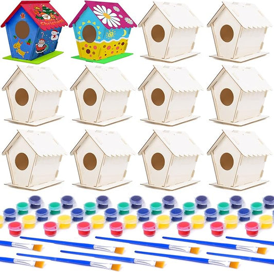 hapray 12 Pack Bird House Kit, DIY Birdhouse Kits, Wooden Crafts Arts for Children to Build and Paint (Includes Paints & Brushes) for Kids Girls Boys Toddlers Christmas Gift
