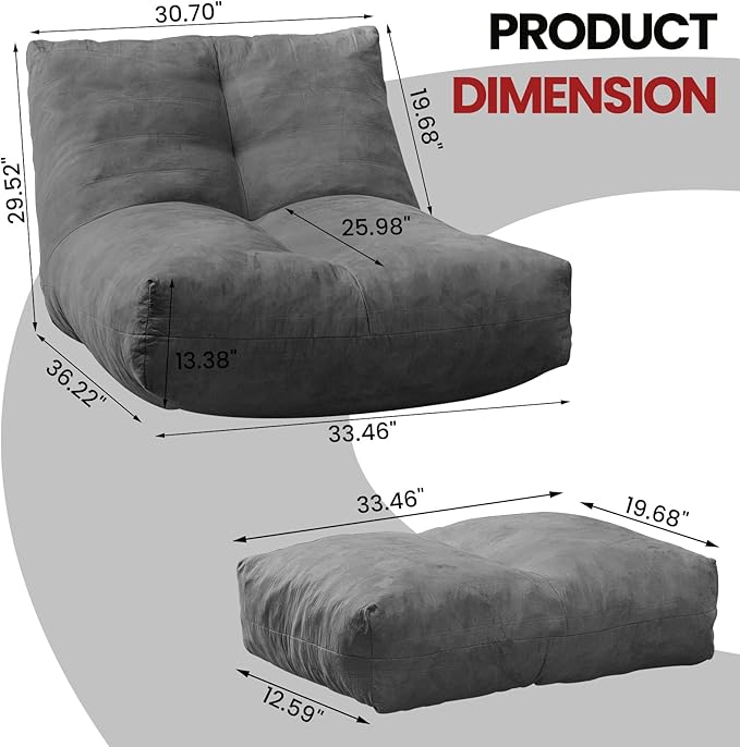 Bean Bag Chair with Ottoman, Comfy Bean Bag Sofa with Memory Foam, Lazy BeanBag Sofa with Footstool, Fireside Bean Bag Couch for Living Room, Bedroom, Apartment
