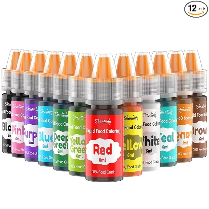 Food Coloring Liquid Set for Baking, Shanlinly 12 Color Food Grade Neon Easter Egg Dye Kit for Cake Decorating, Fondant, Frosting, Cookies, Christmas Baking - Tasteless, Vibrant - 0.25 Fl. oz/Bottles