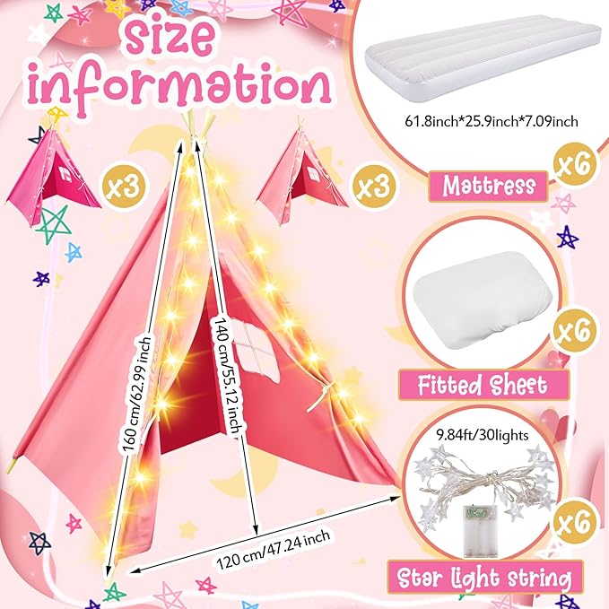 6 Pack Sleepovers Teepee Tent for Kids Bulk with Mattress Sheet Light,Natural Cotton Washable Indoor Play Tent for Birthday Slumber Party Girls Boys Pajama Movie Night Supplies(Pink, Rose Red)