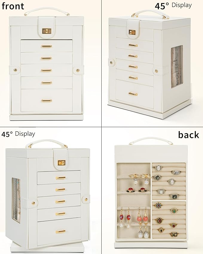 AKOZLIN Jewelry Box 6-Tier Organizer Functional 360° Rotating Jewelry Storage Case for Women Girls Ring Necklace Earring Bracelet Holder with Mirror