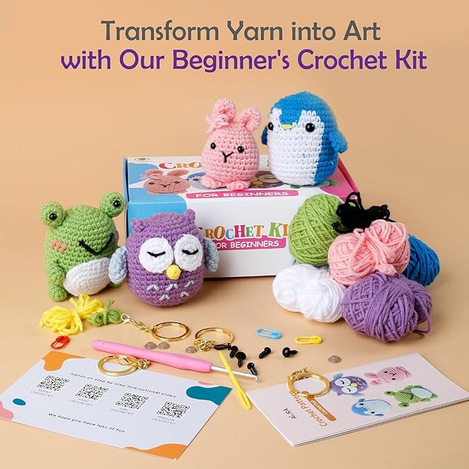 A-URA Learn to Crochet Kit for Beginners Kids and Adults, Premium 4 Animal Pattern Beginner Crochet Kits with Easy Tube Yarn & Step-by-Step Video Tutorials (Forest Friends–Standard Size)