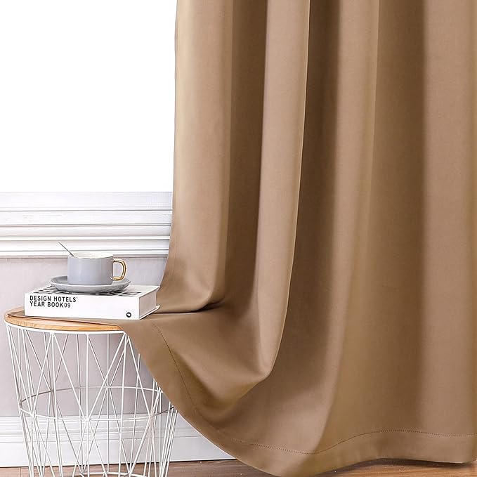 ChrisDowa 100% Blackout Curtains 63 inch Long for Bedroom with Black Liner, 2 Thick Layers Total Blackout Thermal Insulated Grommet Window Curtains 2 Panels Set (Cappuccino, 38 x 63 Inch)