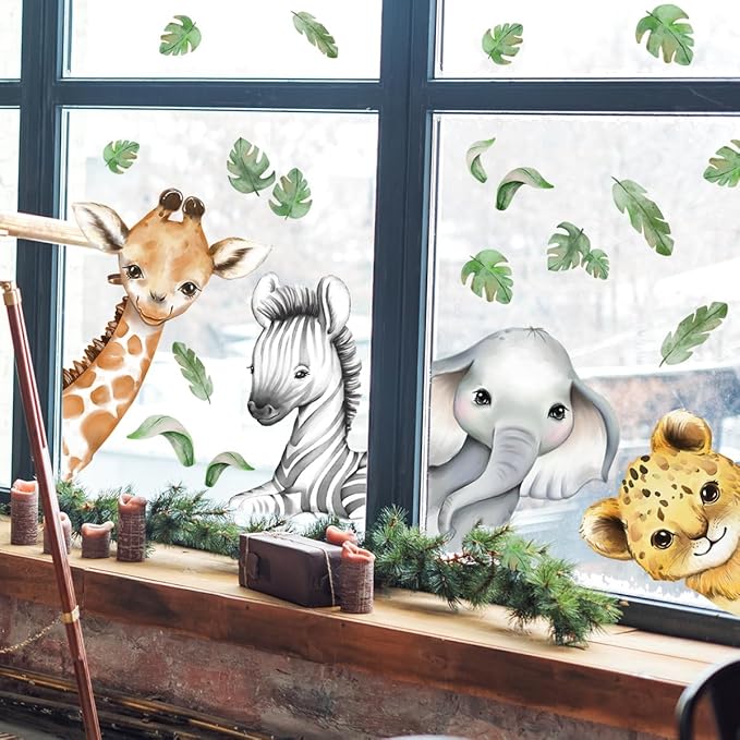 22.44 x 21.25 Inch Watercolor Jungle Animal Window Clings Tiger Lion Elephant Zebra Window Stickers Double-Side Safari Animal Window Stickers for Baby Nursery Playroom Bedroom Window Glass Wall Decor