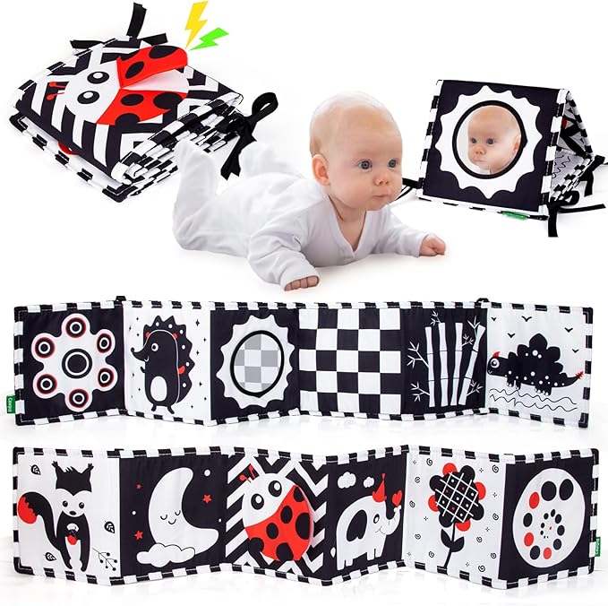 Cawgug Black and White High Contrast Baby Toys for Newborn Brain Development Tummy Time Soft Book Babies 0-3 6-12 Months Montessori Learning Activities Infant and Sensory Visual Stimulation Toys