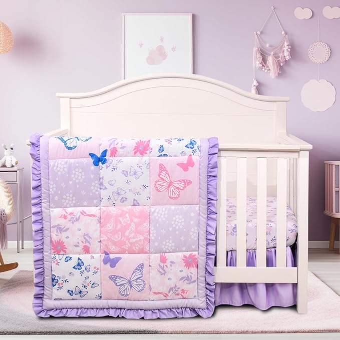 Cloele Crib Bedding Set for Girls, 3 Pieces Floral Butterfly Baby Bedding Set -Includes Comforter Fitted Sheet Crib Skirt,Standard Size Nursery Baby Crib Set for Girls,Purple