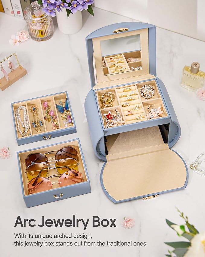 Homde Girls Jewelry Box Jewelry Storage Case Organizer Faux Leather with Mirror for Rings, Earrings, Bracelets, Necklaces (Grey Blue)