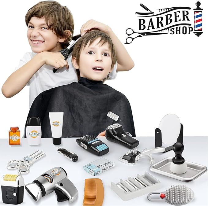 24 Pcs Barber Shop Pretend Play Toy - My First Shaving and Grooming Haircut Kit Toddler Role Play Set with Styling Accessories & Storage Box for Kids, Boys