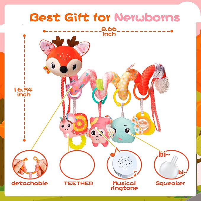 Car Seat Toys, Cute Deer Car Seat Toys for Babies 0-6 Months Boy, Stroller Toys with Crinkle, Teether, Music Box, Rattle, BB Squeaker for 0 3 6 9 12 Months Babies Infant Boys Girls Gifts (Cute Deer)