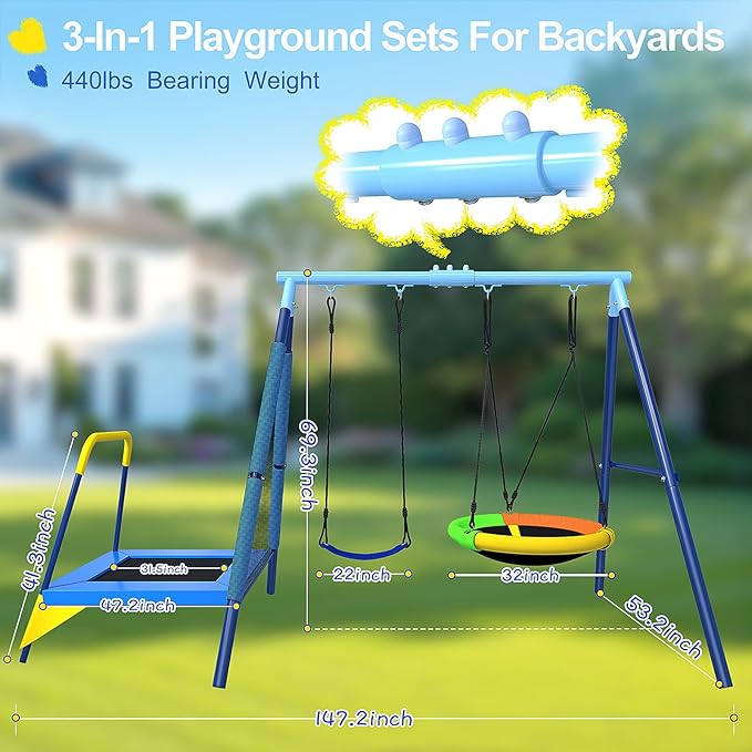 440lbs Kids Swing Set, 3-in-1 Outdoor Playground with Saucer Swing, Belt Seat & 4ft Trampoline, Heavy Duty A-Frame Metal Stand & Safety Stakes, Backyard Playset for Toddlers 3-8 Years Old