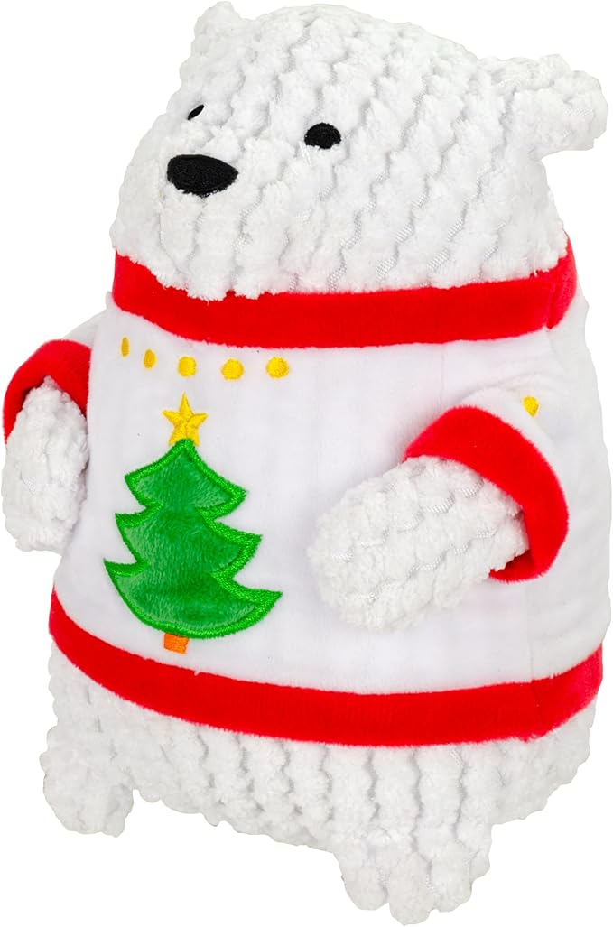 Giftable World Holiday Plush Pet Toy Fun for Christmas Designs with Squeaker Dog Chew Toy (7" Tubby Polly Bear w/Sweater & Squeaker)