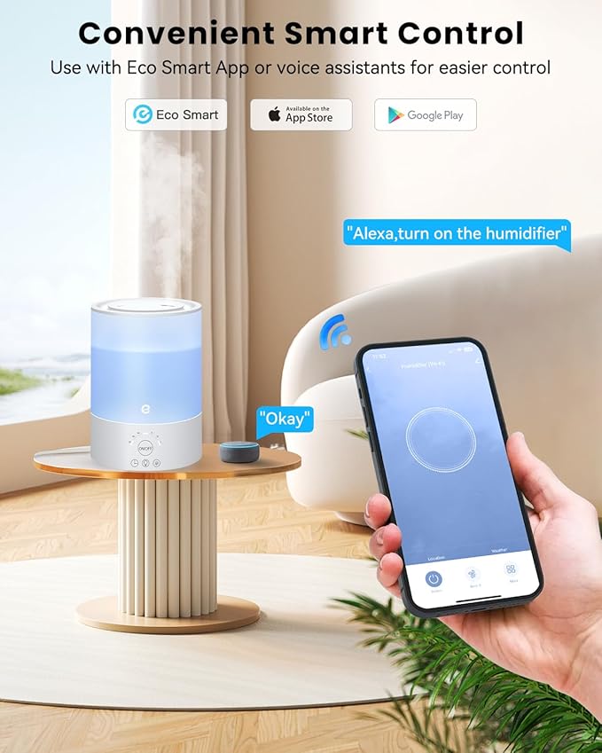 Esemoil Humidifiers for Bedroom, for Large Room, 2.5L Top Fill Cool Mist Humidifiers for Baby, Plants, Smart WiFi Air Humidifier with Diffuser and Nightlight, 28dB, 24H Long Runtime, Work with Alexa