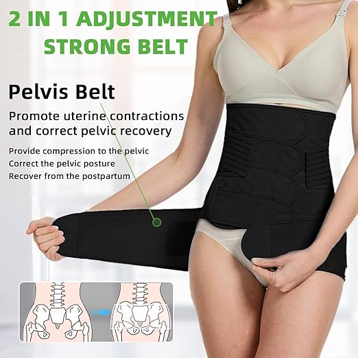 2 in 1 Postpartum Belly Band Wrap Black, C-Section Support Belt Medium, Post Partum Support Recovery Waist/Pelvis Belt, Hysterectomy Belly Band Binder Girdle Stomach