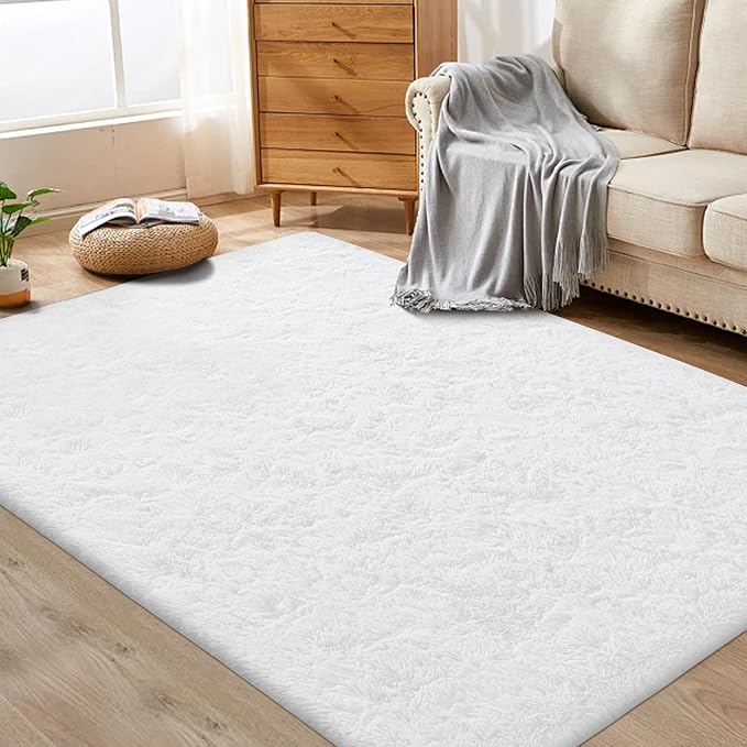 4x6 Area Rug for Living Room: Fluffy Shag Soft Washable Rugs Fuzzy Plush Indoor Carpet for Bedroom Nursery Playroom Dorm Kids Girls Boys Room (White, 4'x6')