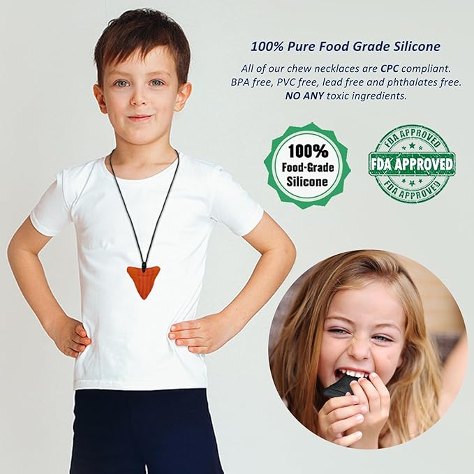 Chewy Necklace Sensory for Kids and Adults, Shark Tooth Silicone Autism Chew Toys Sensory for Boys Girls with ADHD, Anxiety, SPD, 3 Pack Chewing Necklace - BPA Free
