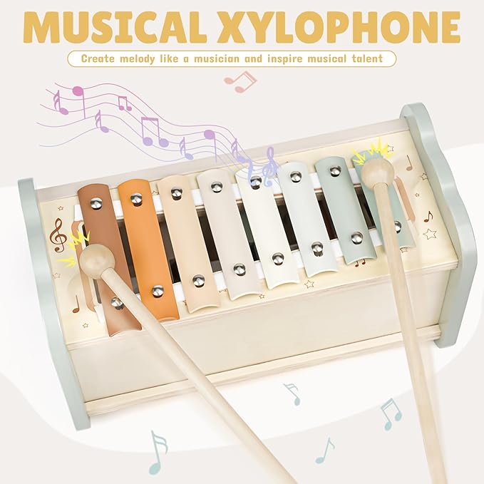 Joyreal Wooden Montessori Toys for 1 Year Old - Hammering Pounding Toy with Xylophone & Fishing Game - Educational Toddler Activities for 1 2 3 Year Old Christmas Birthday Gifts