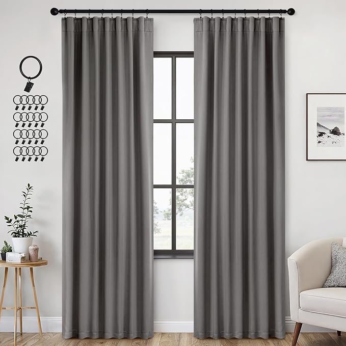 ANRODUO Back Tab Blackout Curtains for Bedroom Living Room, Rod Pocket Pinch Pleated Thermal Insulated Room Darkening Curtains 84 Inches Long 2 Panels, Grey, 42 x 84 Inch