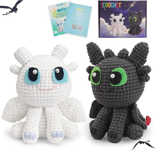 Crochet Kit for Beginners,Beginner Crocheting Animals Kits w Step-by-Step Video Tutorials, Knitting Starter Pack for Adults and Kids,2 Pack Dragon