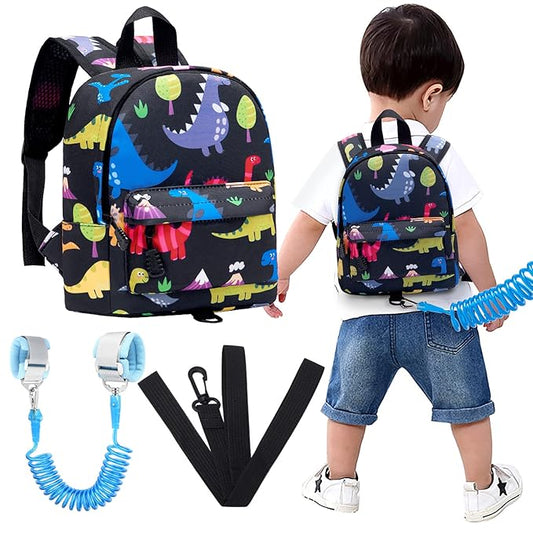 Accmor Toddler Backpack Leash with Anti Lost Wrist Link, Cute Mini Child Walking Harnesses Keep Kids Close Back Pack Rope Tether Rein for Baby Boys (Black/Dino)