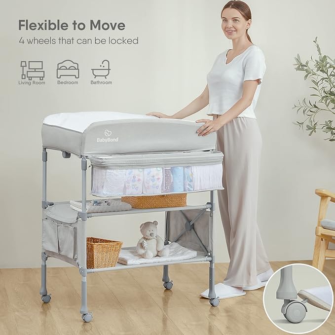 BabyBond Portable Baby Changing Table, Foldable Diaper Changing Table Dresser Waterproof Height Adjustable Changing Station for Infant and Newborn(Beige)