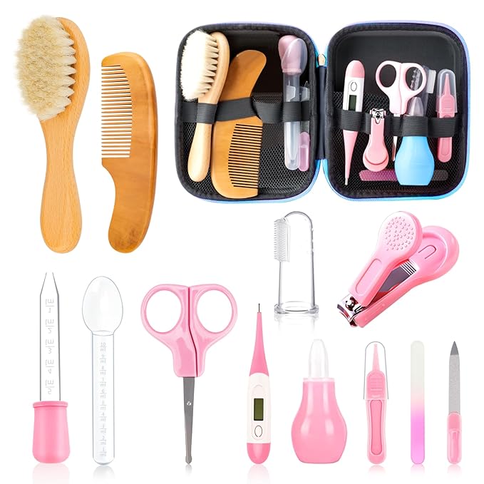 Baby Grooming Kit, Infant Safety Care Set with Hair Brush Comb Nail Clipper Nasal Aspirator,Baby Essentials Kit for Newborn Girls Boys(13 Pc Pink Kit)