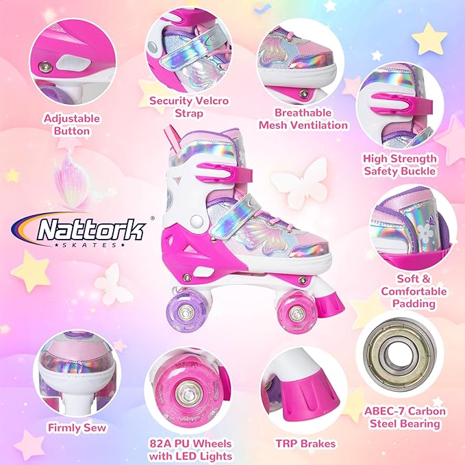 Nattork Kids Roller Skates for Girls Boys Kids, 4 Sizes Adjustable Quad Skates Butterfly and Flower with All Light up Wheels - Birthday Gift for Indoor Outdoor Sports