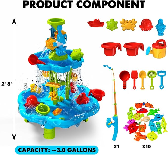 CozyBomB™ Water Table for Toddlers 3-5 | Outdoor Toys Water Play Table, Magnetic Fishing Toy Game, Summer Splash Pond Showers Sand Activity, Sensory Party Birthday Gift Kids Ages 4-8 9-12 (2-Tiers)