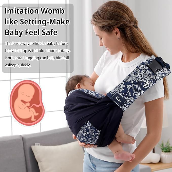 CUBY Wrap Baby Sling Carrier, Baby Wraps Sling Carrier Adjustable Breathable Lightweight Easy to Wearing - Baby Slings for Newborn Infant Toddler Front & Hip Carry Up to 40lbs (Dark Blue Floral)