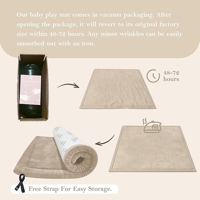 Baby Play Mat for Floor, 1.3" Thick Memory Foam Muscle Playpen Cushion, Soft Coral Velvet Tummy Time Mat with Non-Slip Backing, Water Repellent Child Nursery Rug for Toddlers, Kids (Beige, 39X59)