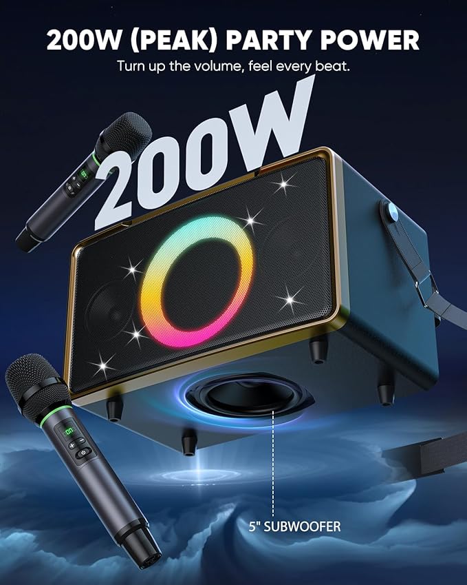 GFEEN Portable Bluetooth Speaker: 200W Peak, 15H Playtime, Wireless Speakers with Microphone, 5″ Subwoofer, Loud Sound, Light Show, Fast Charging for Outdoor, Party, Backyard(Gold with 2Mic)