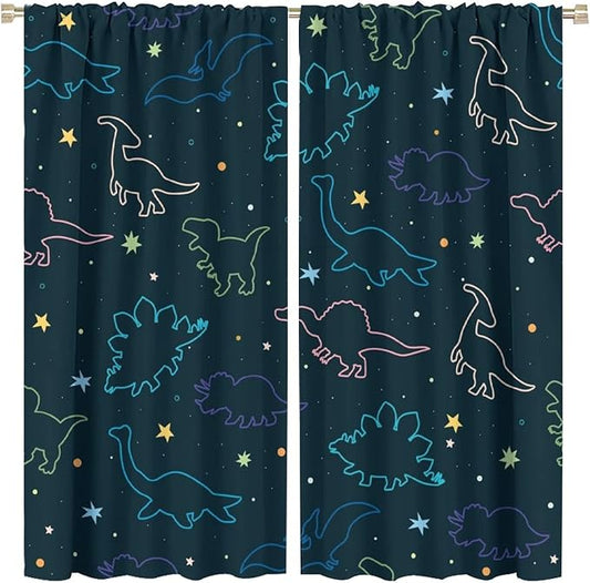 Cartoon Colorful Dinosaur Curtains for Kids Boys Girls Home Decor, Astronaut Funny Outer Space Star Blackout Rod Pocket Window Drapes for Bedroom Living Room W26xL84in 2 Panels