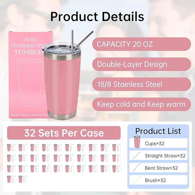 IEOVIEE 32 Pack 20oz Stainless Steel Bulk Tumblers with Lids and Straws Double Wall Insulated Travel Mug Durable Powder Coated Tumbler Bulk Cup for Cold and Hot Drinks(Pink)