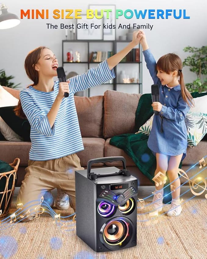 Karaoke Machine,Portable Bluetooth Karaoke Speaker with 2 Wireless Microphone for Adults Kids,with 20W(Peak) Speaker,Handle &RGB Lights,Supports TF Card/USB/Aux in/TWS,for Home,Party