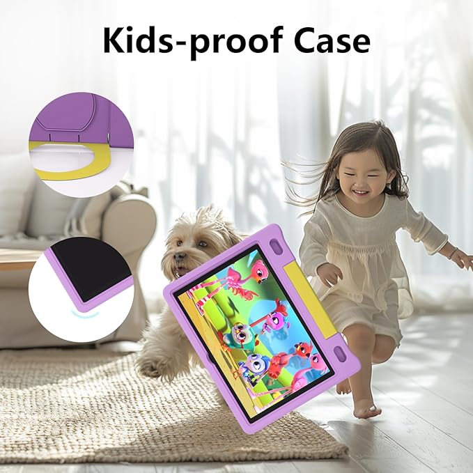 JREN Kids Table 10.1" ｜Android 14 Tablet for Kids｜64GB Storage｜Octa-Core｜WiFi ｜Cameras｜Parental Control｜Kids Content｜Case Included Great Gift for Children Ages 3-12 Years Old Purple