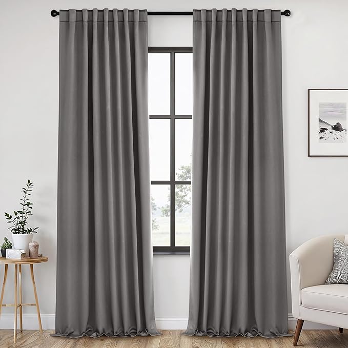 ANRODUO Back Tab Blackout Curtains for Bedroom Living Room, Rod Pocket Pinch Pleated Thermal Insulated Room Darkening Curtains 108 Inches Long 2 Panels, Grey, 52 x 108 Inch