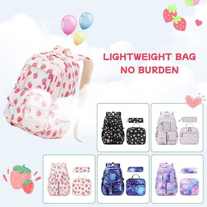 Backpack for Girls 3pcs Set Kids Backpack with Lunch Box Students Kawaii Book Bag for Elementary Primary Middle School Bags - Ita Backpack - Strawberry