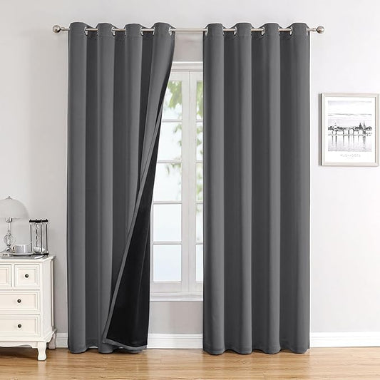 ChrisDowa 100% Blackout Curtains for Bedroom with Black Liner, 2 Thick Layers Total Blackout Thermal Insulated Grommet Long Window Curtains 2 Panels Set (Grey, 52 x 95 Inch)