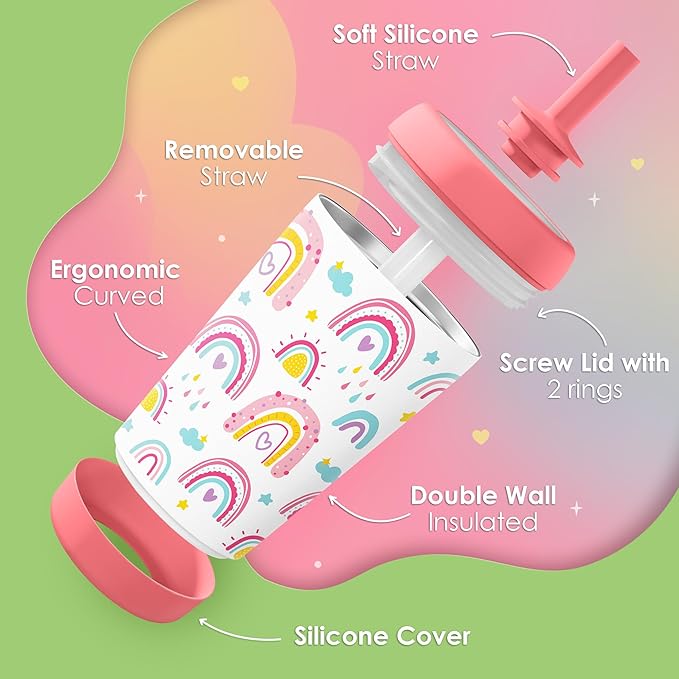 Kid Insulated Stainless Steel Tumbler with Silicone Straw, 12oz Sippy Cup for Kids (Sweet Rainbows)