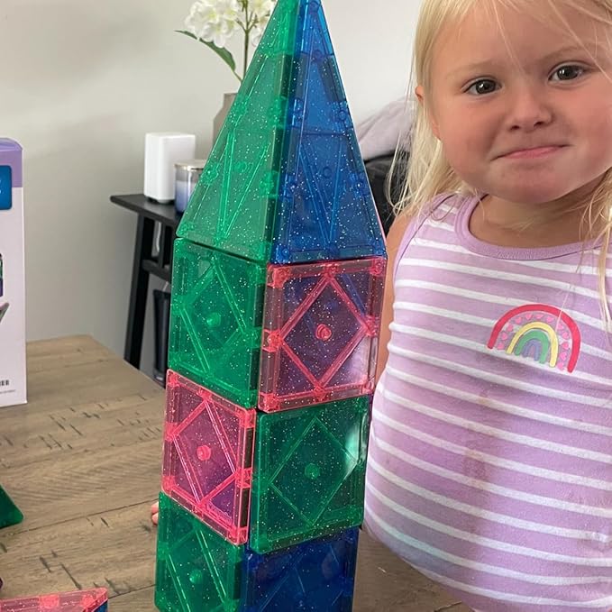 CreateOn Crayola Glitter Magnetic Tiles, Building Set for Kids, Magnetic Tiles, Kids’ Building Toys, STEM & Montessori Toys for Boys and Girls Ages 3+, 24-Piece Set (Glitter)