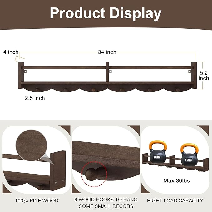 34Inch Nursery Bookshelves,Set of 4,Wall Floating Shelf Kids Coat Rack with 6Hooks,Hanging Book Shelf for Baby Nursery Room Décor (Dark Brown, 34)
