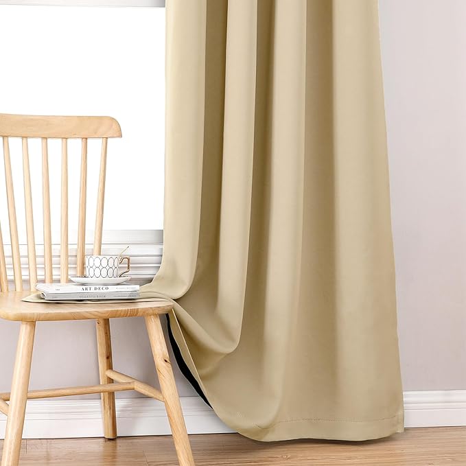 ChrisDowa 100% Blackout Curtains 90 inch Long for Bedroom with Black Liner, 2 Thick Layers Total Blackout Thermal Insulated Grommet Long Window Curtains 2 Panels Set (Beige, 52 x 90 Inch)