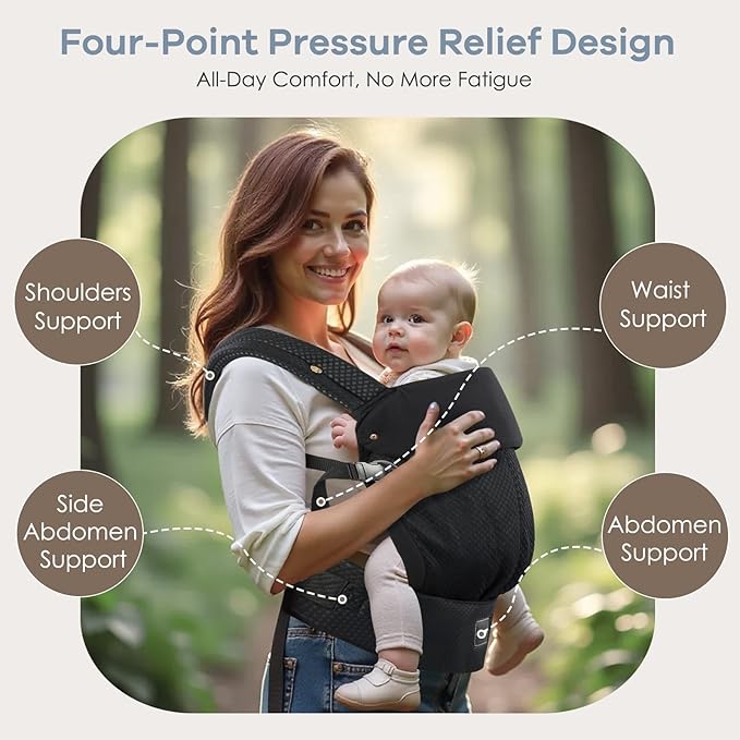 Baby Carrier with Lumbar Support, Cozy Baby Carrier Newborn to Toddler with Adjustable Seat Size, Ergonomic Infant Carrier with 3-Way Carry, Front Facing Toddler Hodler Carrier for Mom & Dad, Black