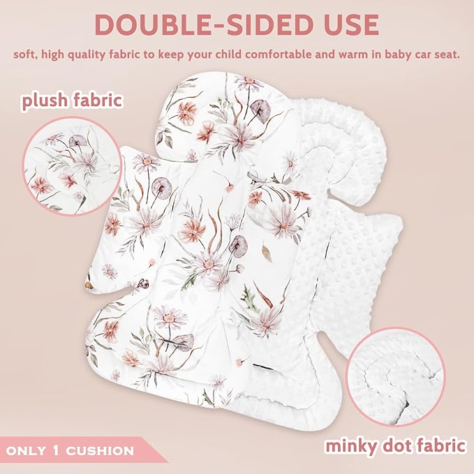 Infant Car Seat Insert and Strap Covers, Very Soft Car Seat Head Support Baby Girl Boy, Reversible Newborn Carseat Insert Cushion Fits for Stroller, Baby Swing, Bouncer (White Flower)